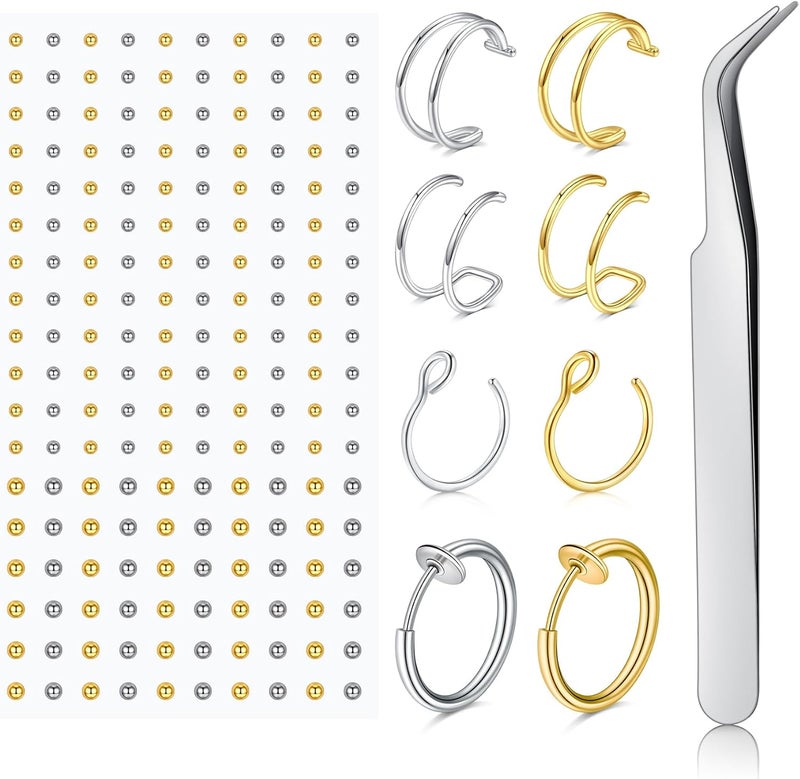JFORYOU Fake Eyebrow Ring Fake Lip Labret Studs Replacement Balls Spike with 100pcs Sticker Non-Piercing Body Jewelry Fake Skin Piercing - Image 1